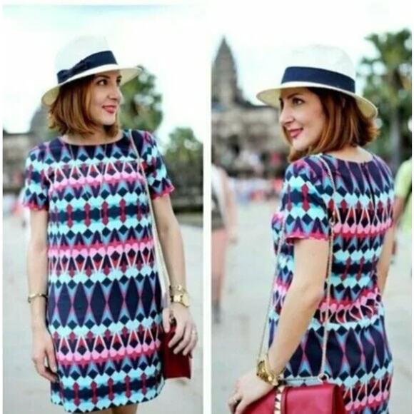 J Crew Size 2 Blue Pink Red Geometric Print Sheath Dress Short Sleeve Keyhole - Picture 12 of 12